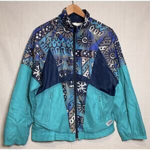 Vintage 80s 90s Hibernia Teal Colorful Windbreaker Jacket‎ Spring Sz L/XL